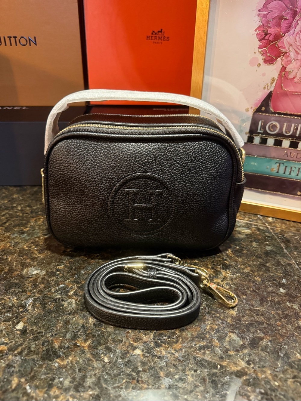 H Black Pebbled Leather Vanity Bag with GHW